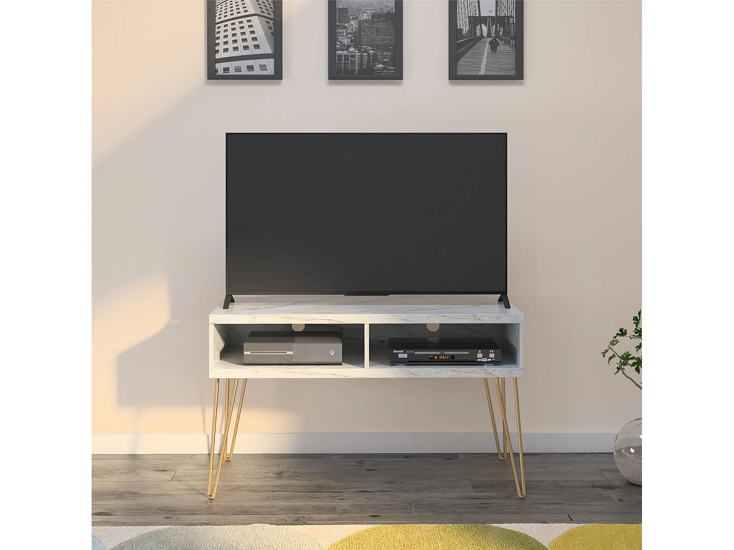 Athena | TV-Ständer mit 2 Fächern in Marmoroptik Weiß