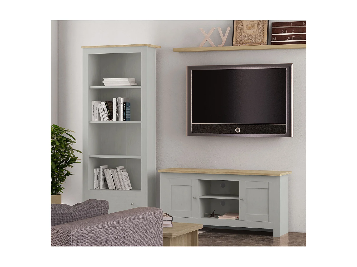 Emerald | Meuble TV 2 portes en MDF chêne et gris