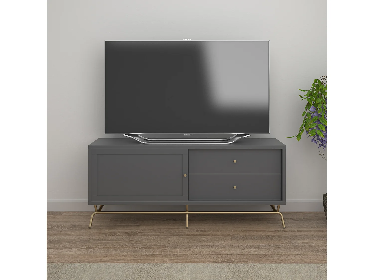 TV-Schrank mit 2 Schubladen und 1 Tür aus Spanplatten, graphitgrau