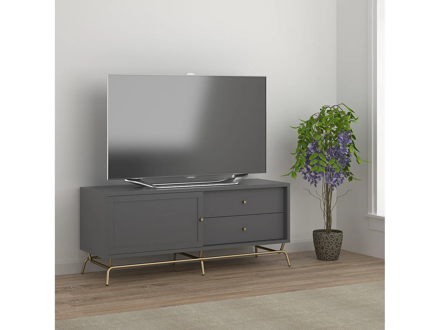 TV-Schrank mit 2 Schubladen und 1 Tür aus Spanplatten, graphitgrau