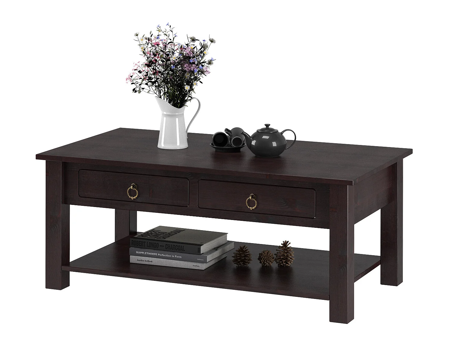 Tavolino con 2 cassetti in pino marrone scuro