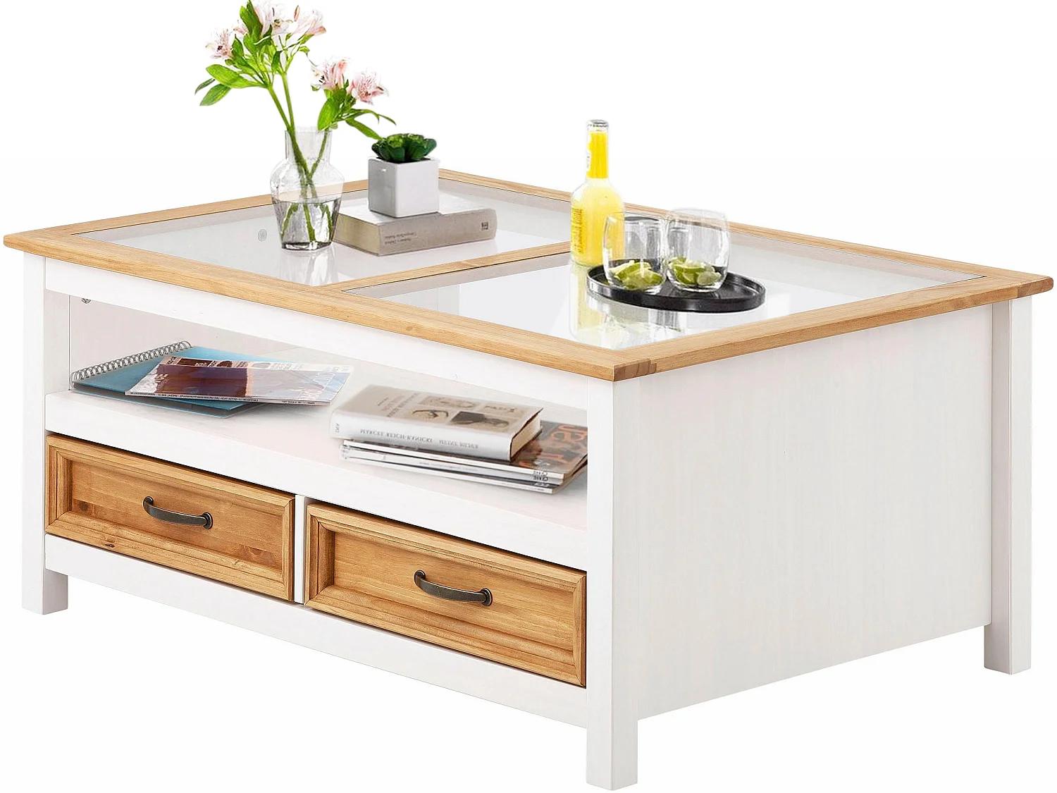 Selma | Table basse en verre et pin nature et blanc