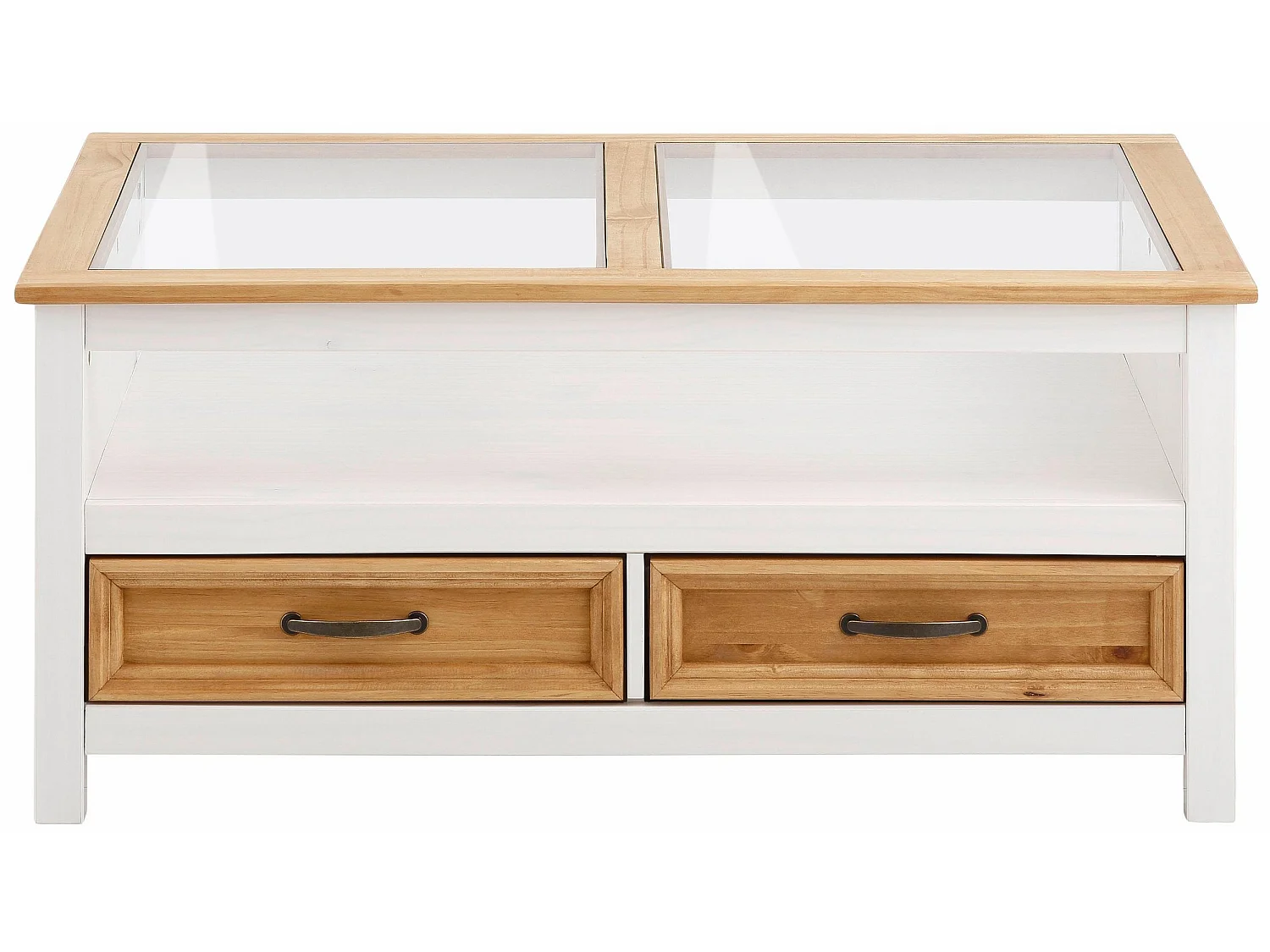 Mesa de centro en cristal y pino natural y blanco.