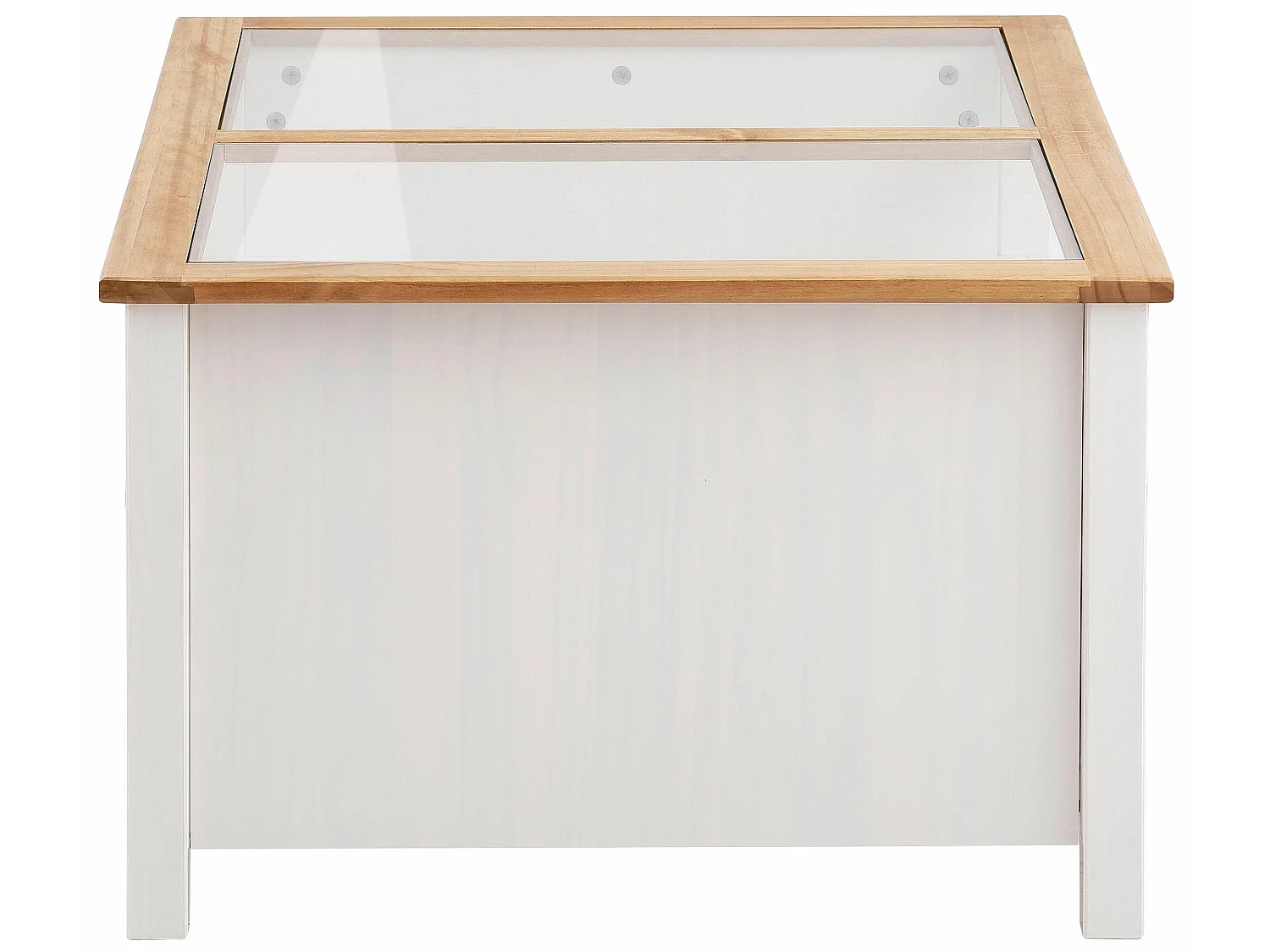 Mesa de centro en cristal y pino natural y blanco.