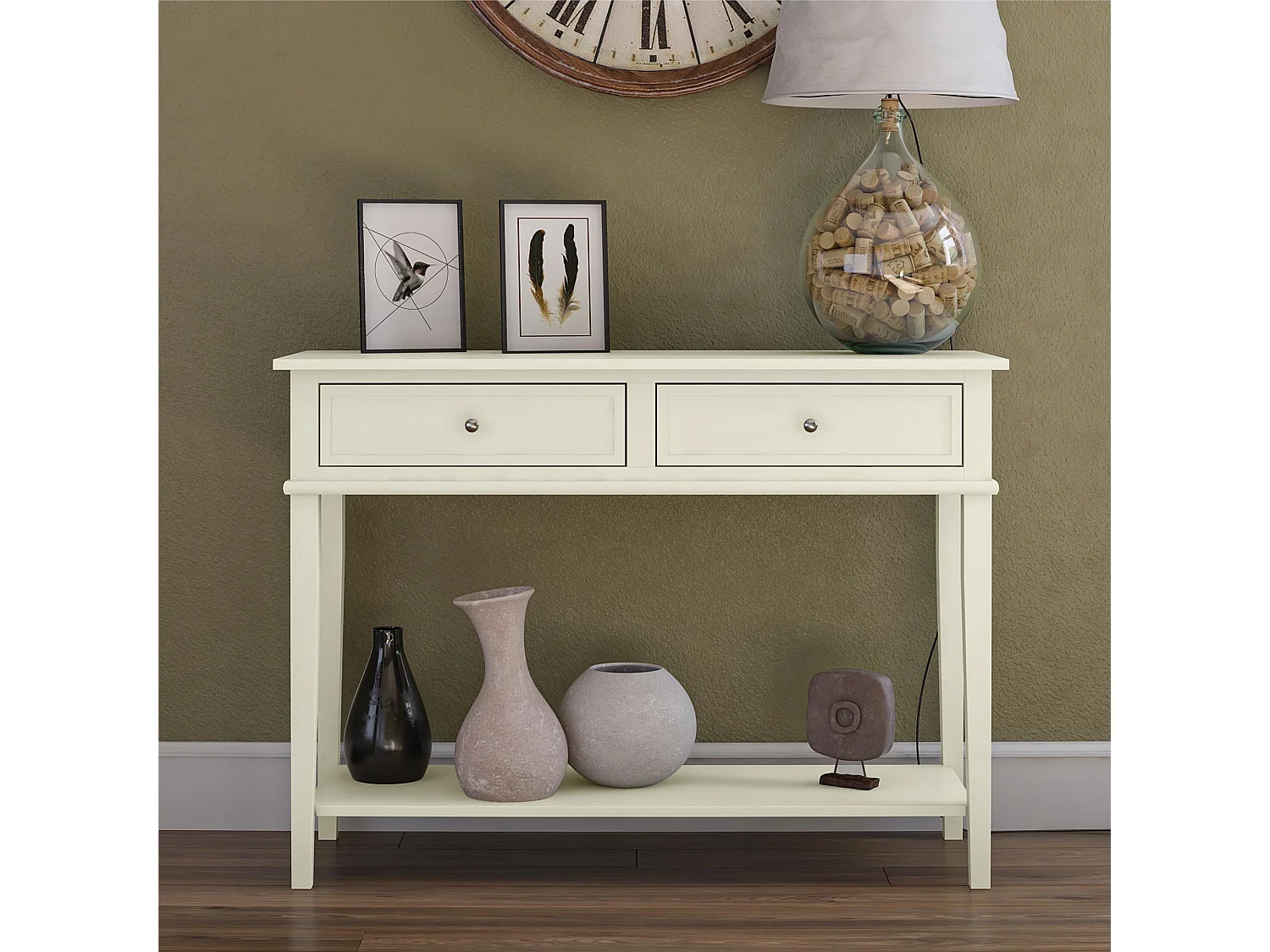 Franklin | Consola con 2 cajones en efecto madera blanco