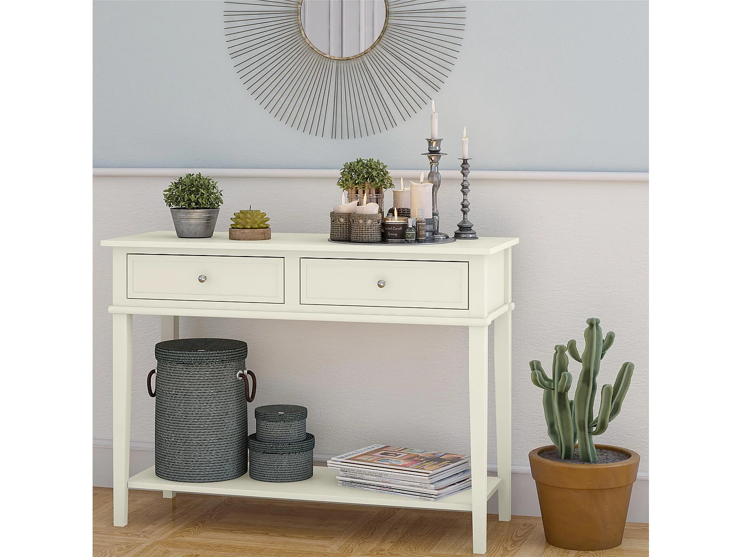 Franklin | Consola con 2 cajones en efecto madera blanco