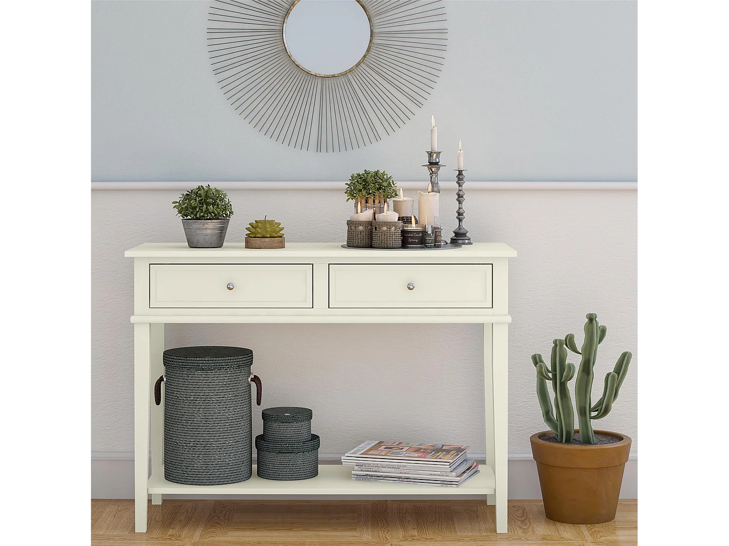 Franklin | Consola con 2 cajones en efecto madera blanco