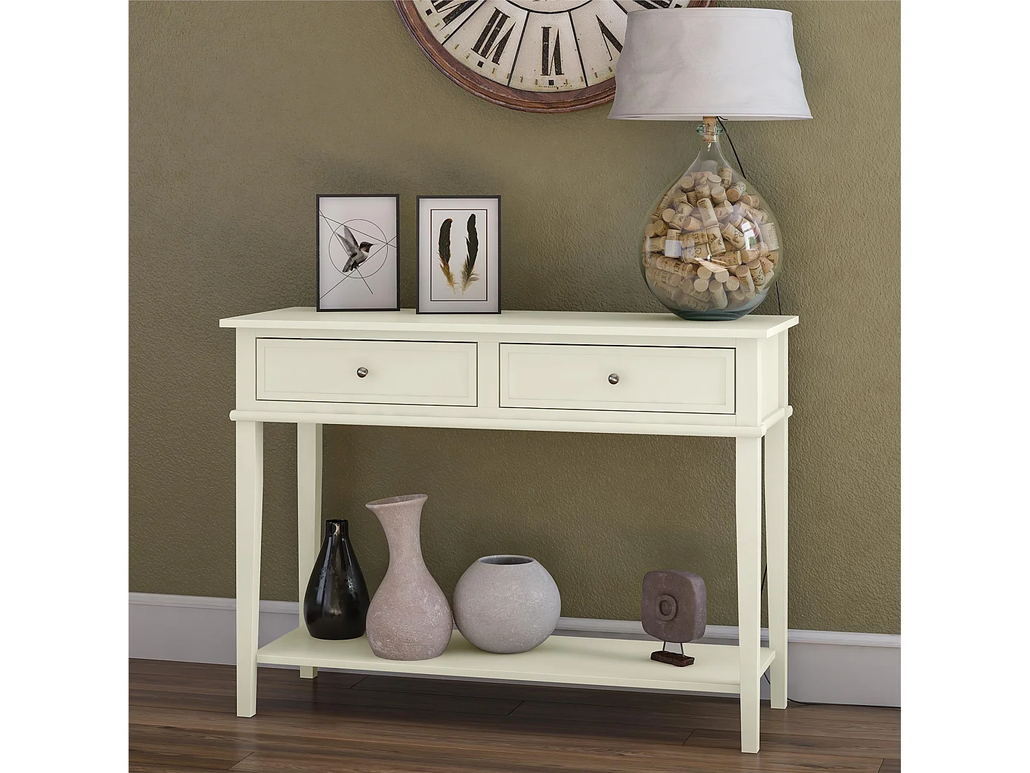 Franklin | Consola con 2 cajones en efecto madera blanco