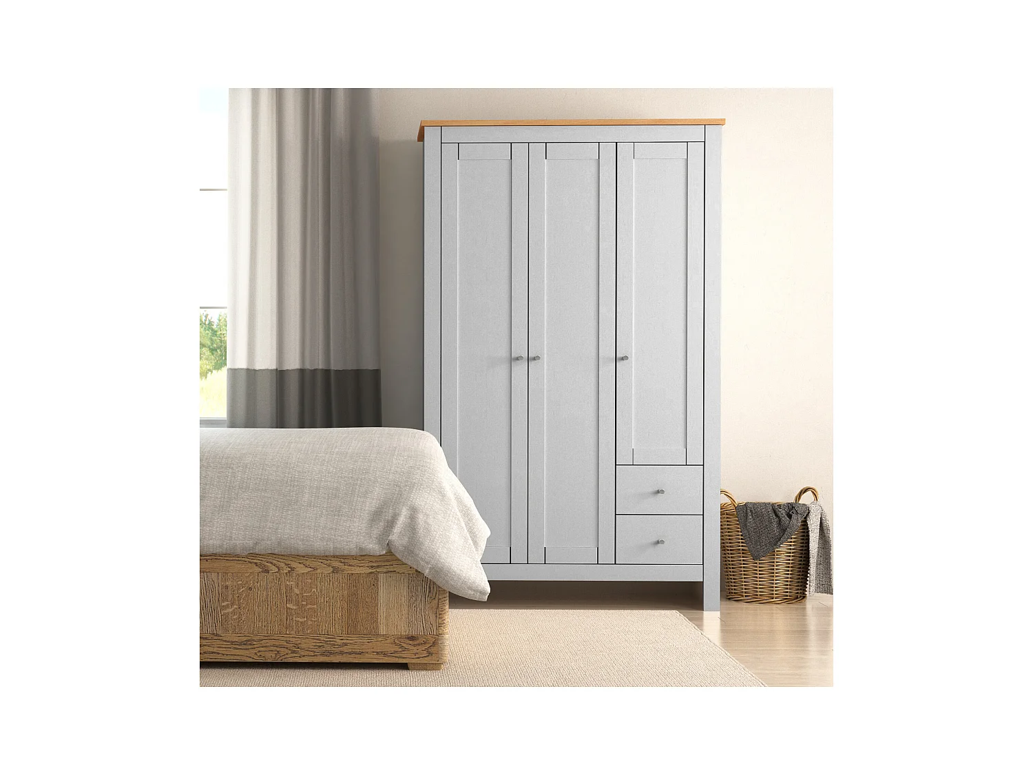 Kleiderschrank mit 2 Schubladen in MDF-Eiche und Grau