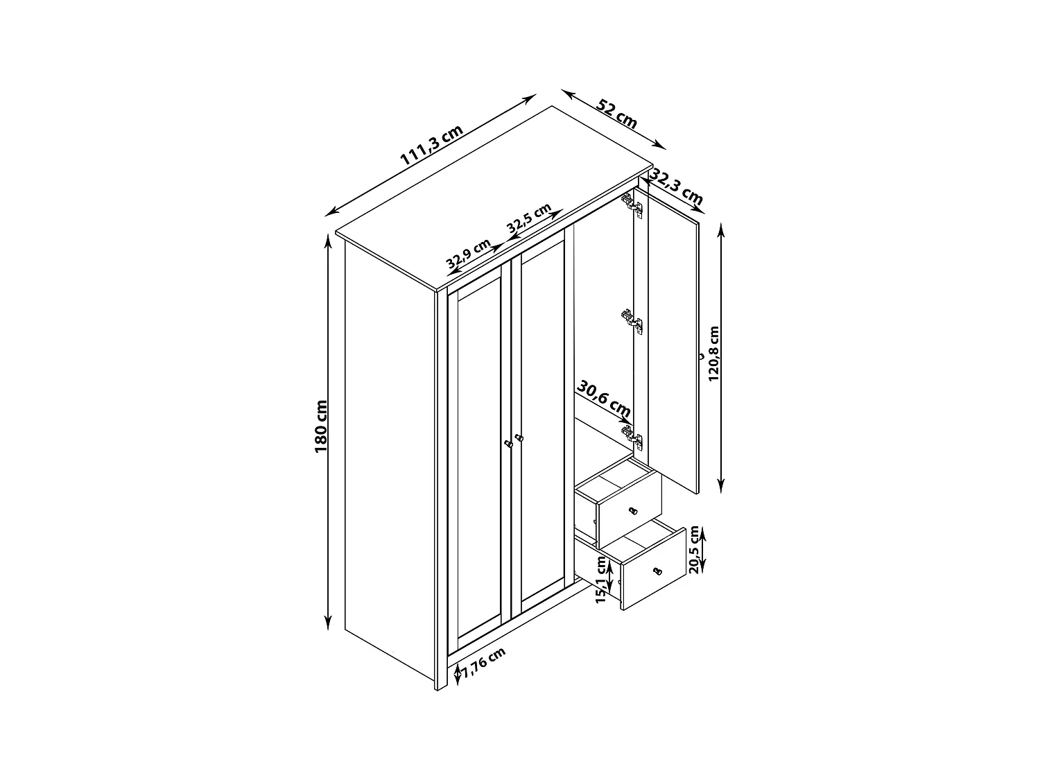 Kleiderschrank mit 2 Schubladen in MDF-Eiche und Grau