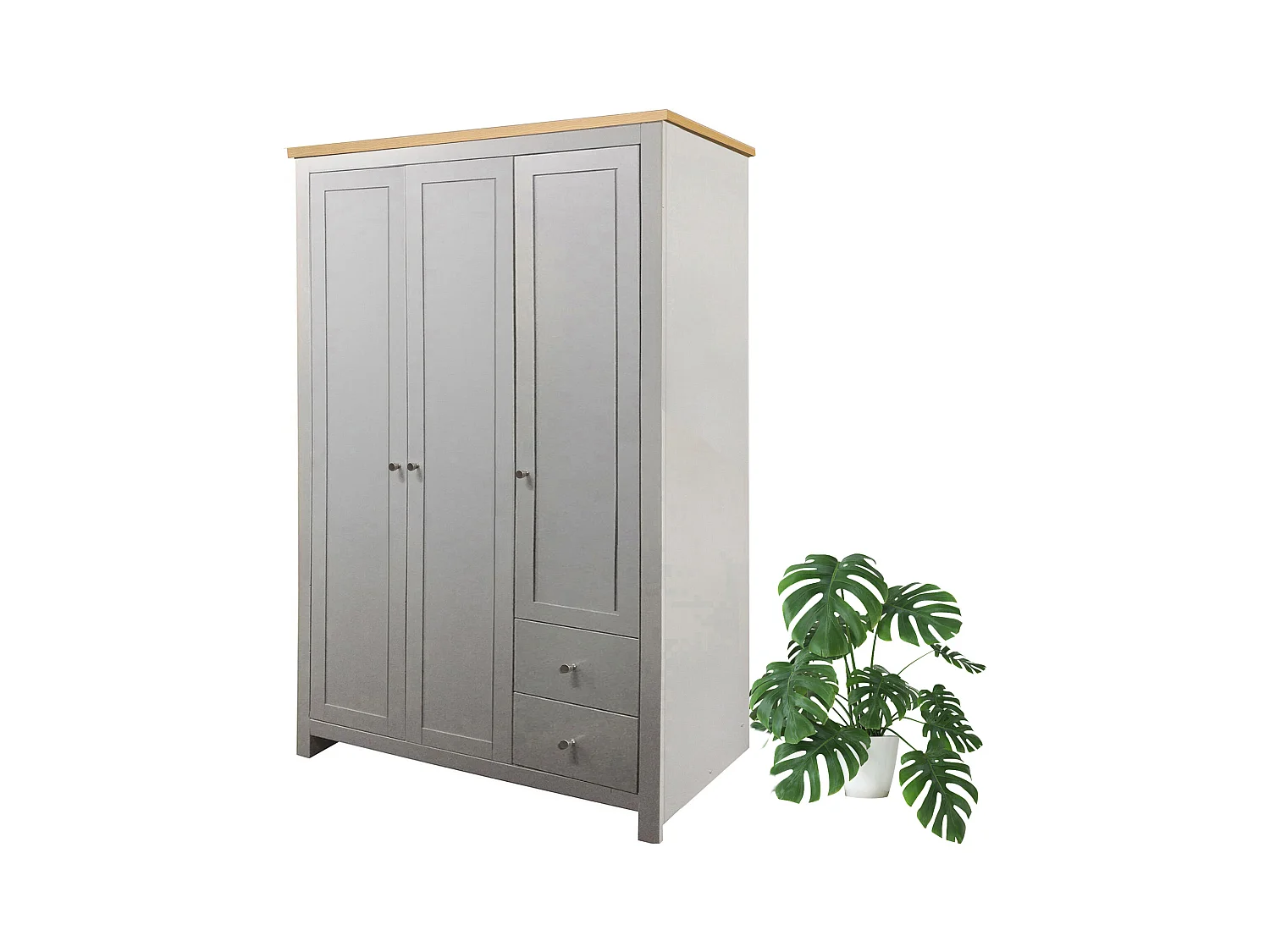 Kleiderschrank mit 2 Schubladen in MDF-Eiche und Grau