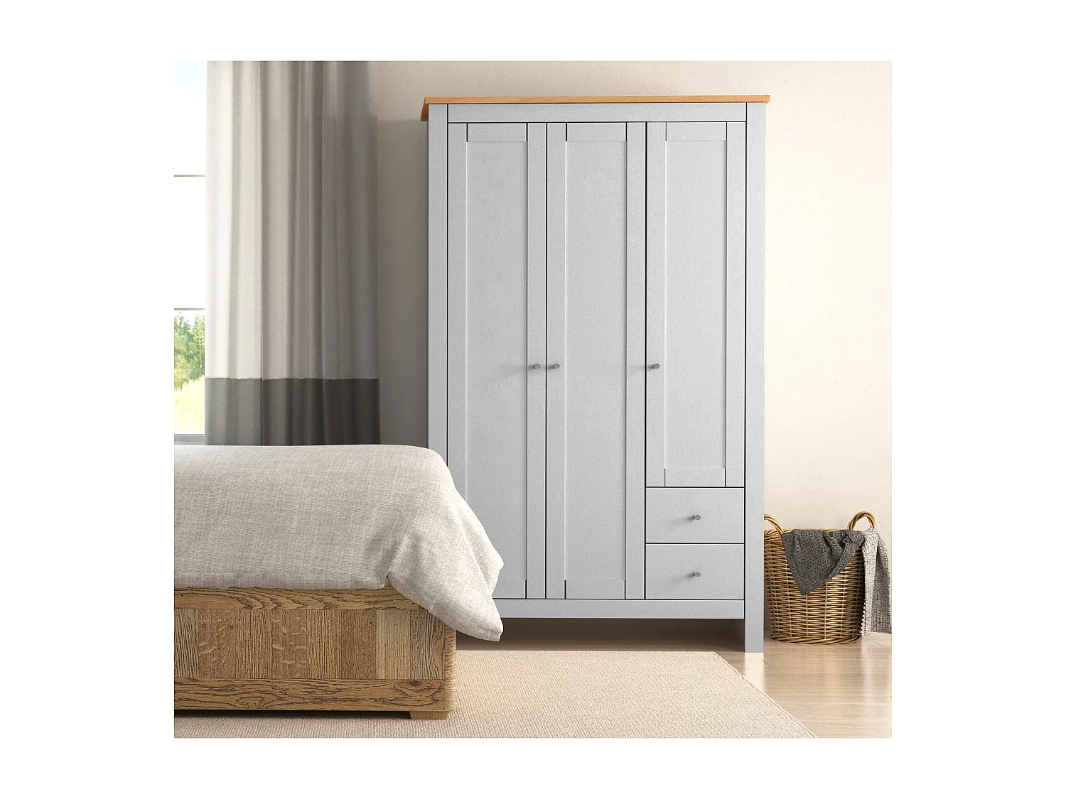 Kleiderschrank mit 2 Schubladen in MDF-Eiche und Grau