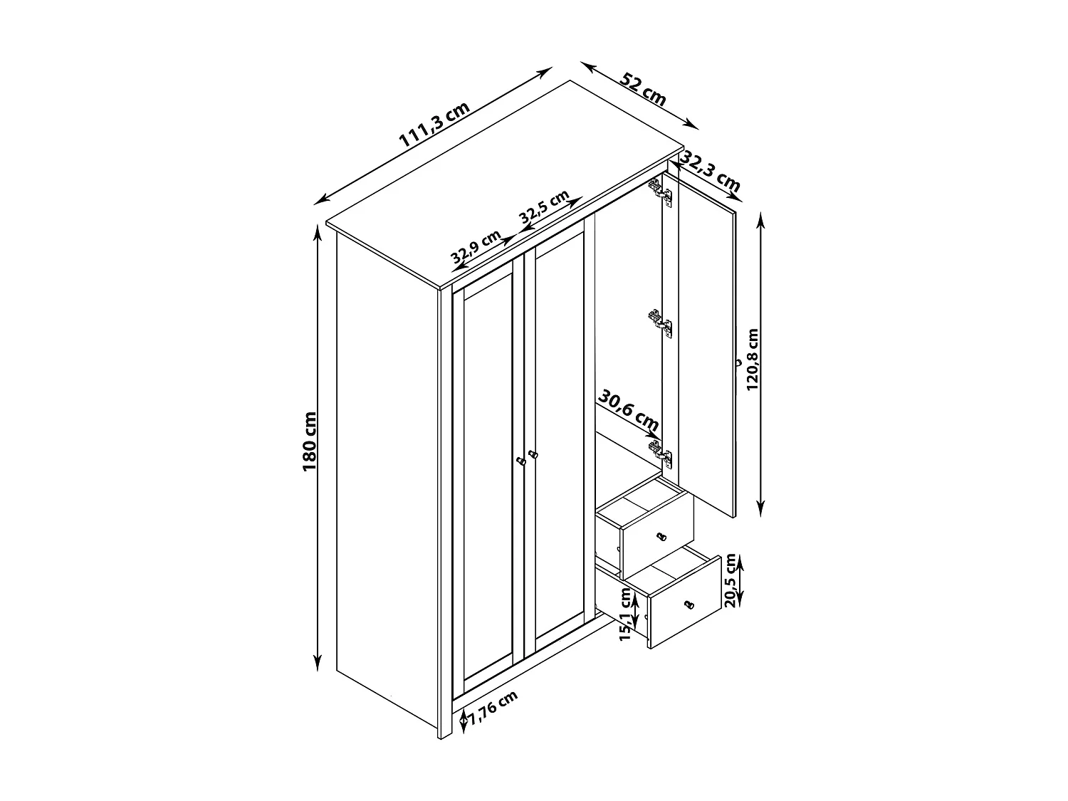 Kleiderschrank mit 2 Schubladen in MDF-Eiche und Grau