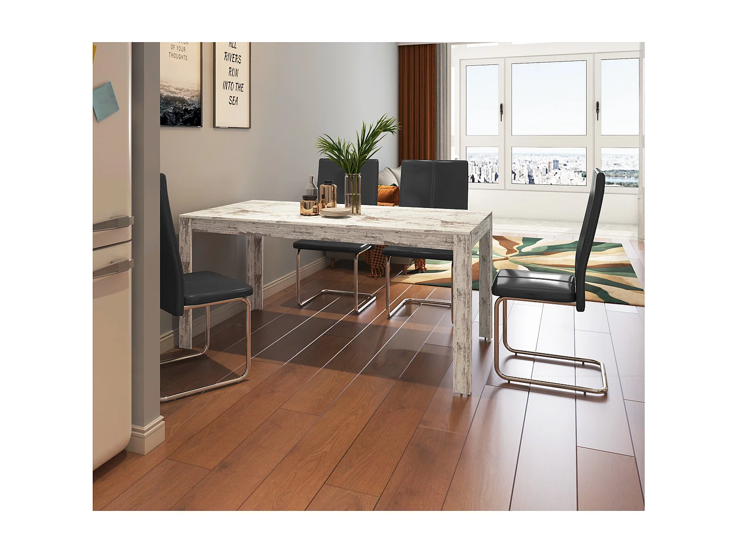 Lynn-Antiek witte MDF 160x90 cm 8 persoons eettafel