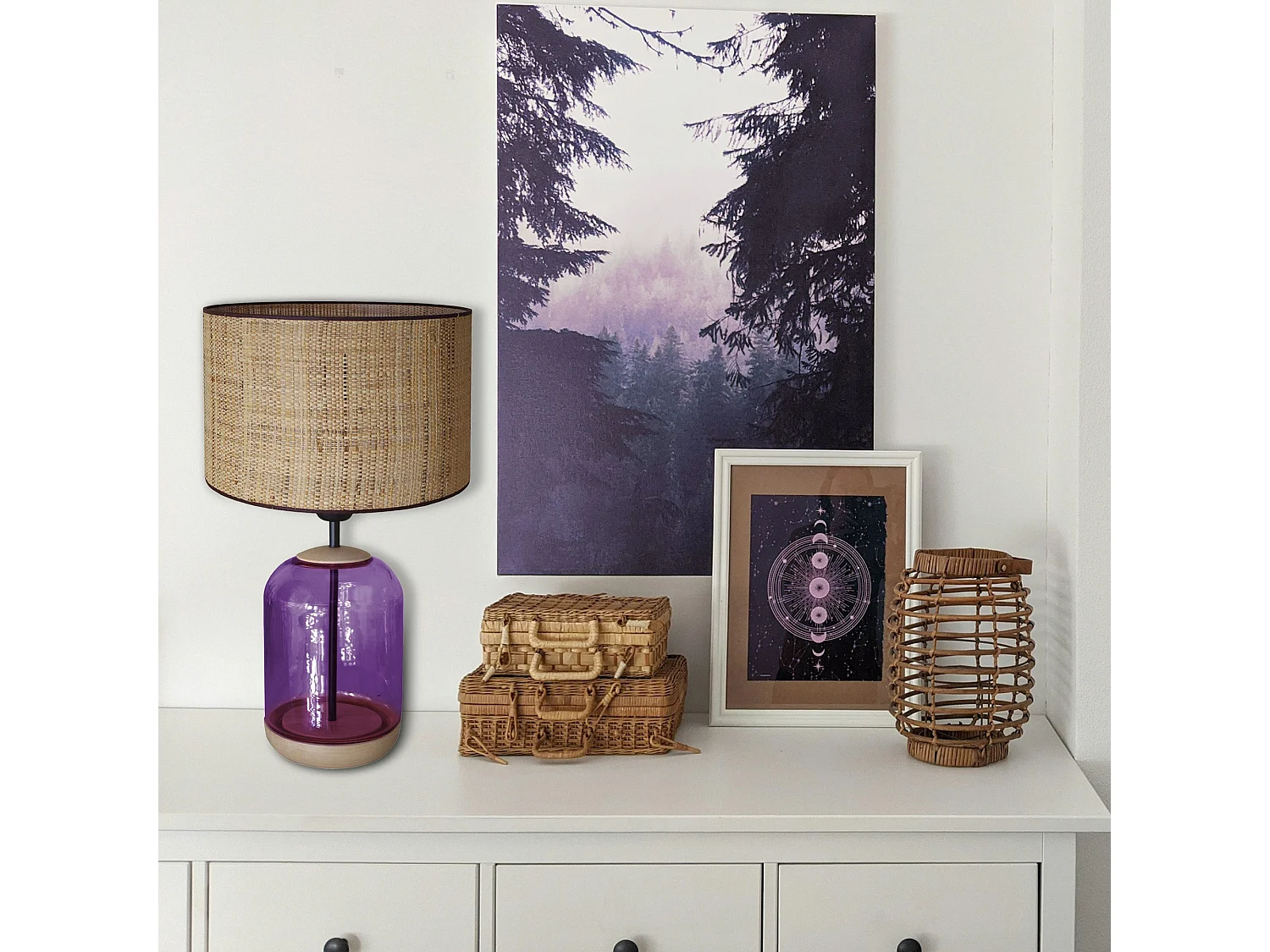 Lampe a Poser TOSEL ,bois,verre,naturel,H50xD30x P30cm