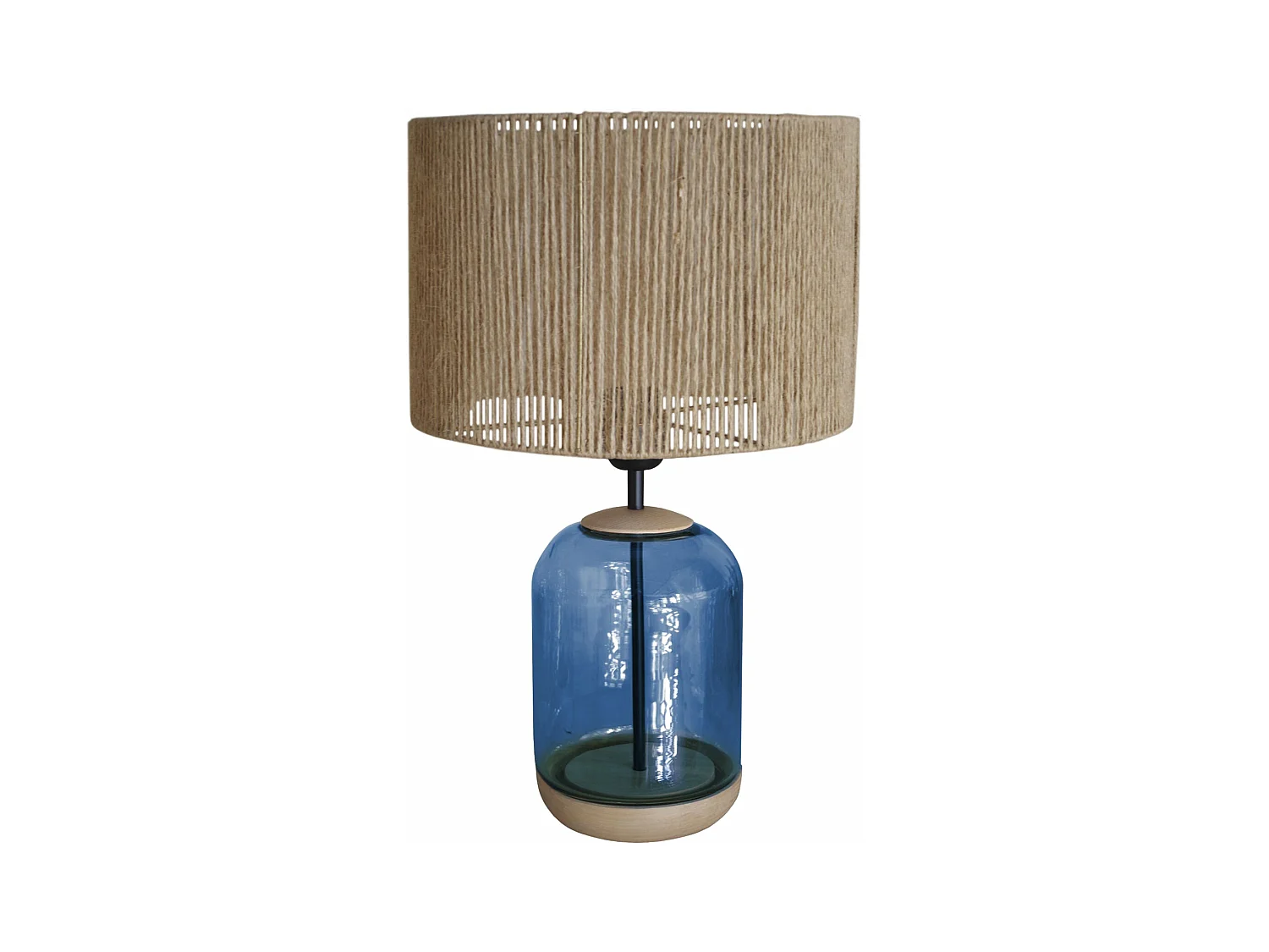 Lampe de chevet cylindre bois,verre,bleu,fillage jute  50 cm.