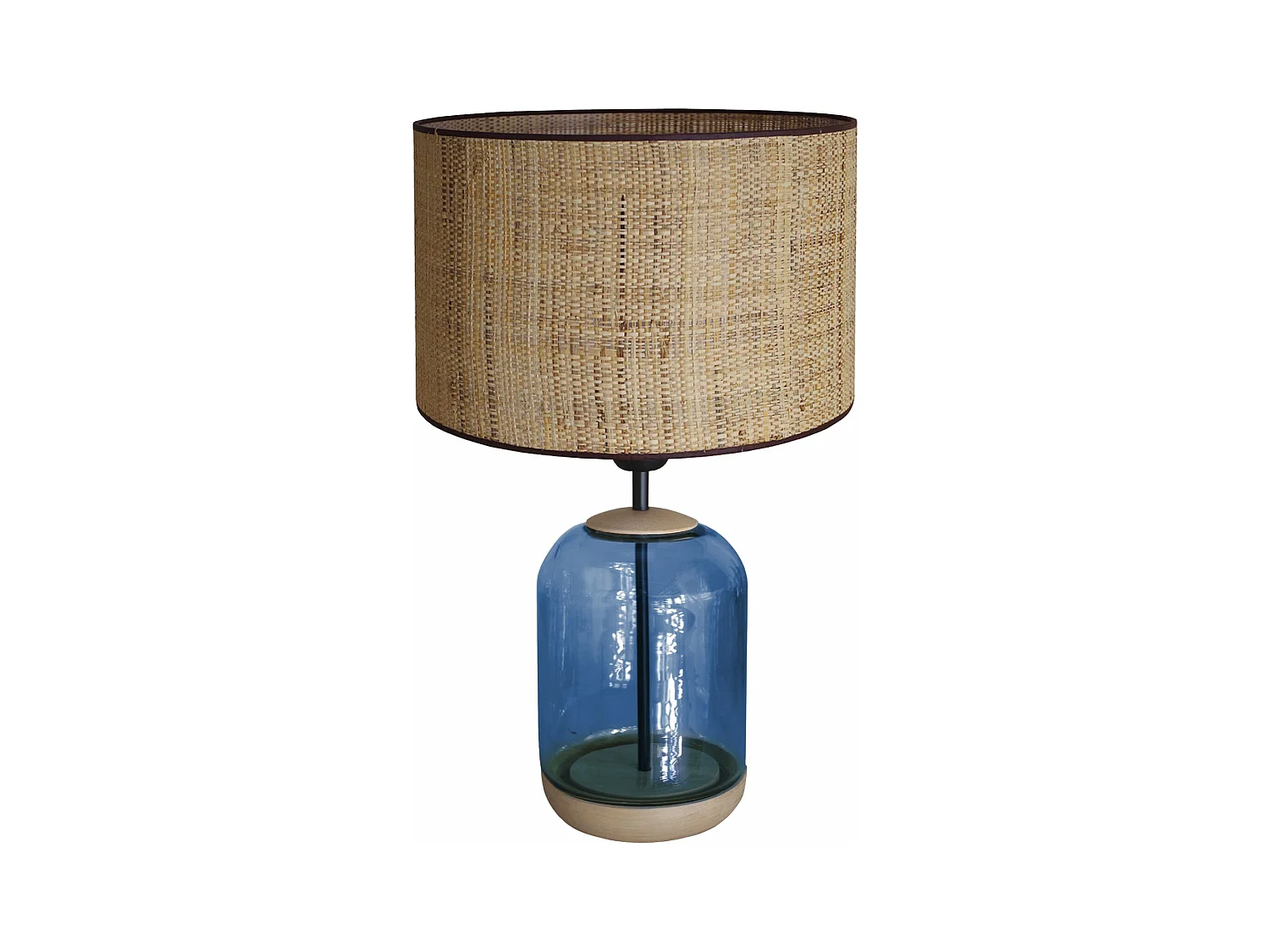 Lampe de chevet cylindre bois,verre,bleu,paille  50 cm.