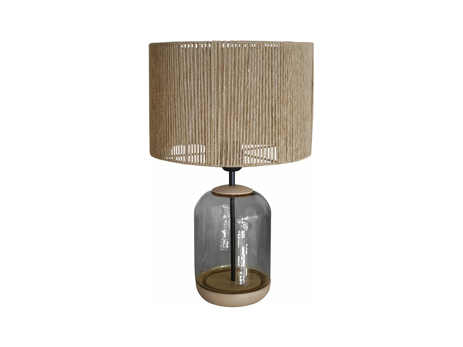 Lampe de chevet cylindre bois,verre,fumée,fillage jute  50 cm.