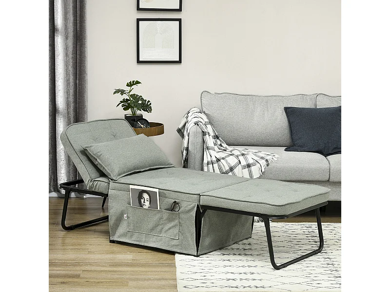 Fauteuil chaise longue lit pouf 4 en 1 dossier inclinable 5 niveaux repose-pied rabattable châssis acier noir tissu gris
