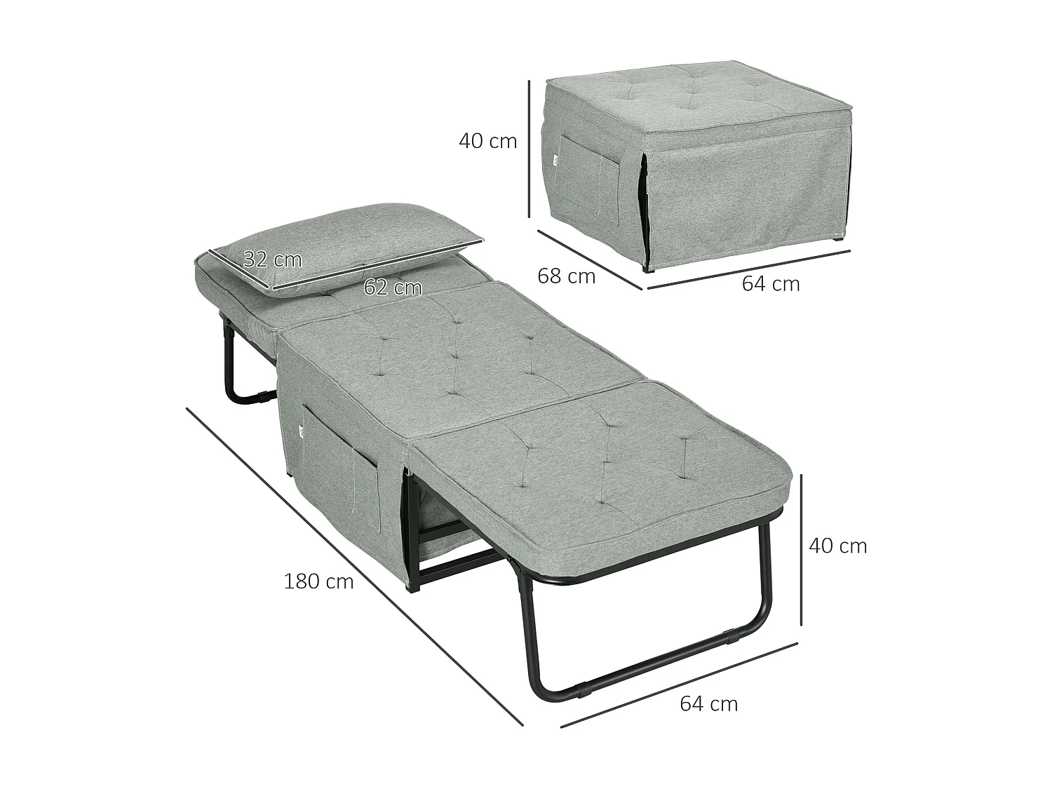 Fauteuil chaise longue lit pouf 4 en 1 dossier inclinable 5 niveaux repose-pied rabattable châssis acier noir tissu gris