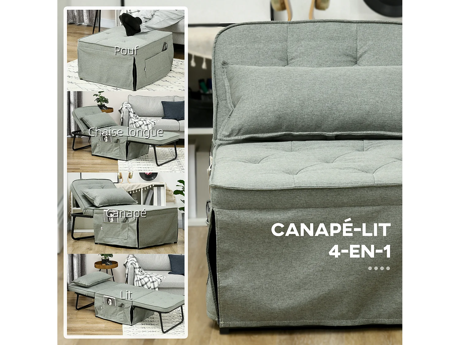 Fauteuil chaise longue lit pouf 4 en 1 dossier inclinable 5 niveaux repose-pied rabattable châssis acier noir tissu gris