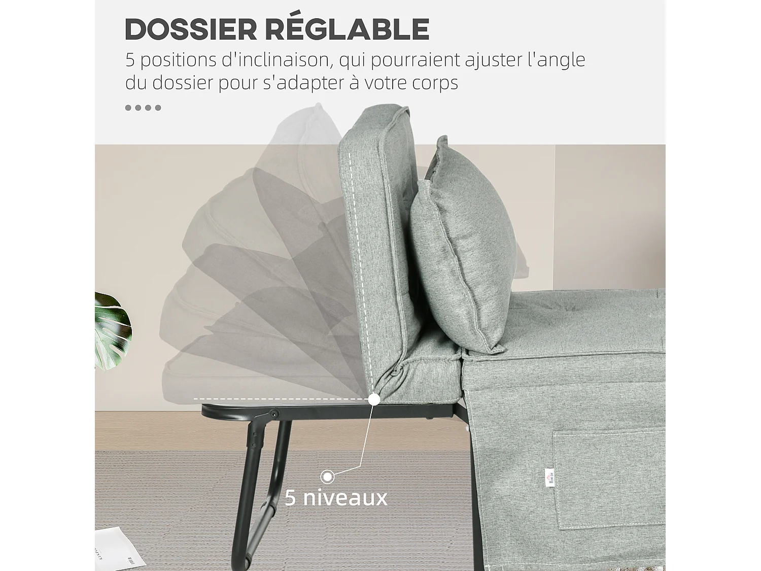 Fauteuil chaise longue lit pouf 4 en 1 dossier inclinable 5 niveaux repose-pied rabattable châssis acier noir tissu gris