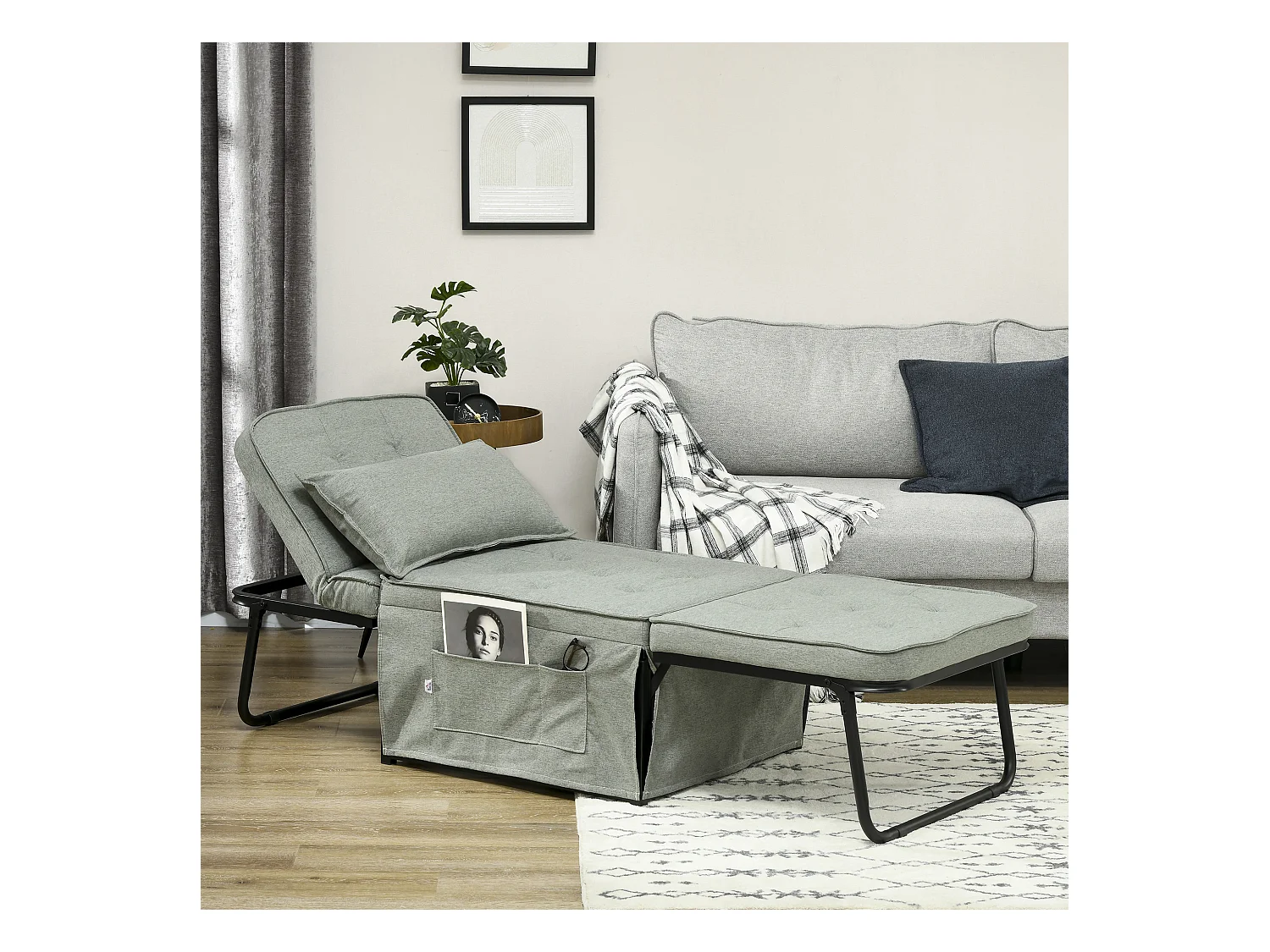 Fauteuil chaise longue lit pouf 4 en 1 dossier inclinable 5 niveaux repose-pied rabattable châssis acier noir tissu gris