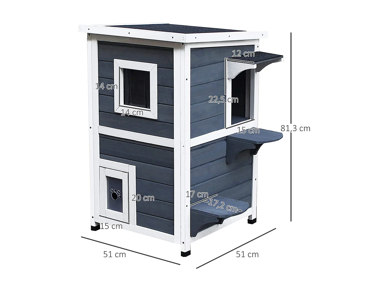 Maisonnette pour chat sur pied 2 niveaux - toit ouvrant bitumé - bois sapin pré-huilé peint gris blanc