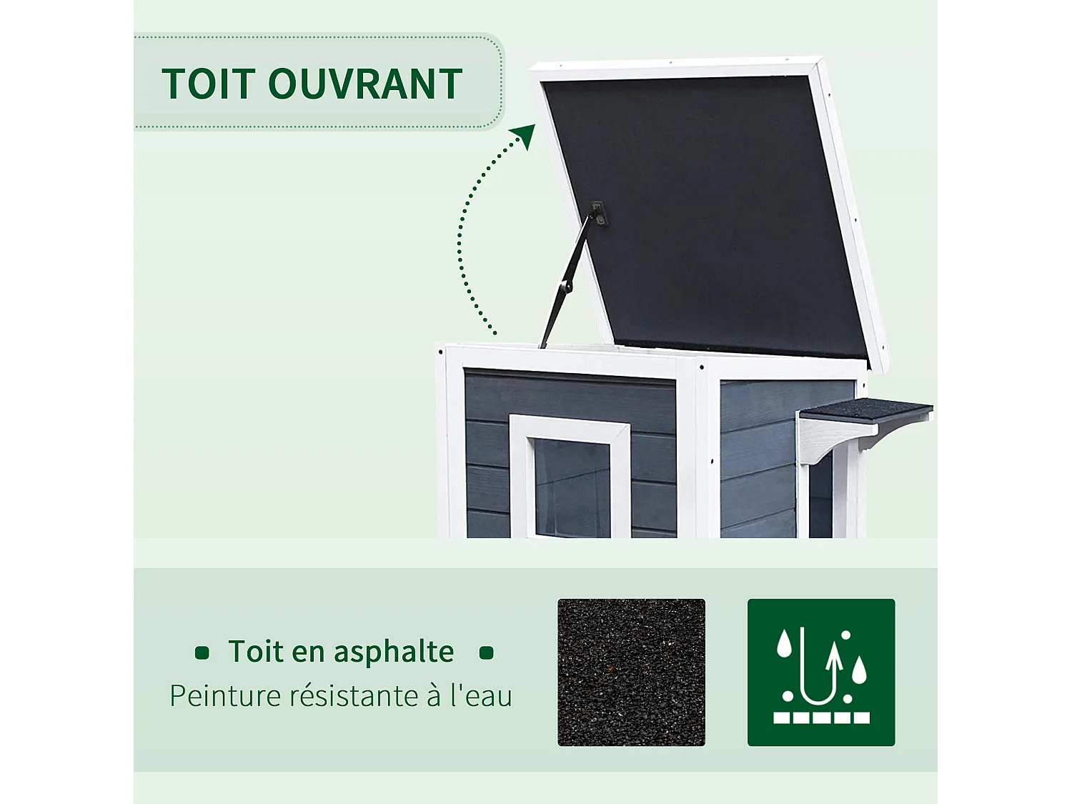 Maisonnette pour chat sur pied 2 niveaux - toit ouvrant bitumé - bois sapin pré-huilé peint gris blanc