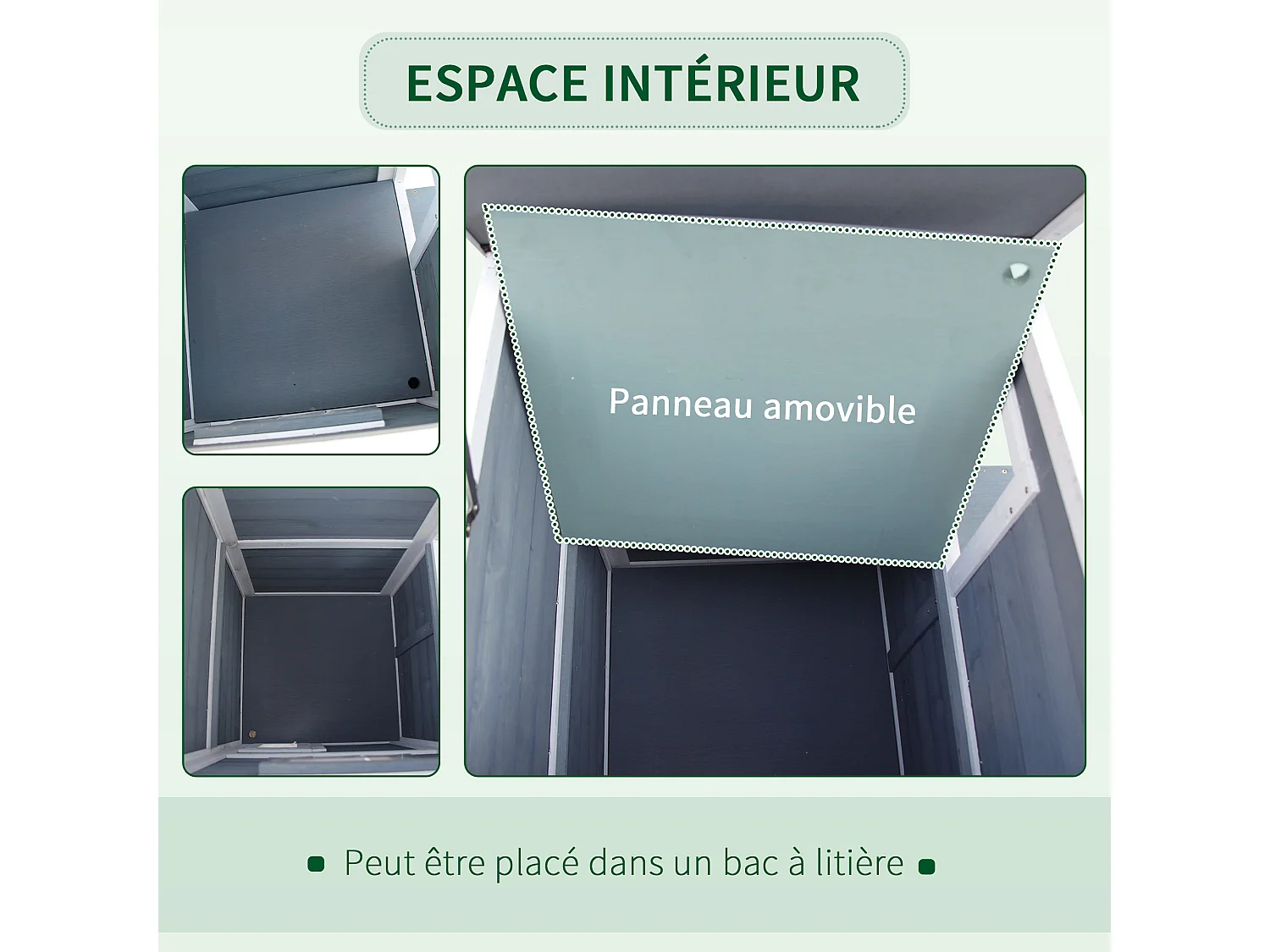 Maisonnette pour chat sur pied 2 niveaux - toit ouvrant bitumé - bois sapin pré-huilé peint gris blanc