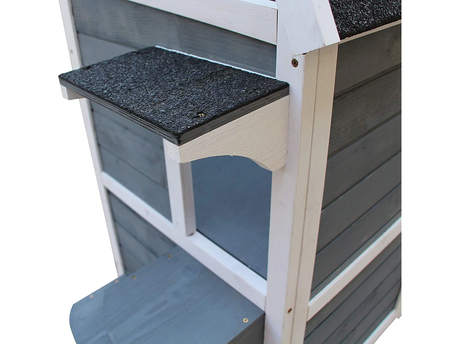 Maisonnette pour chat sur pied 2 niveaux - toit ouvrant bitumé - bois sapin pré-huilé peint gris blanc