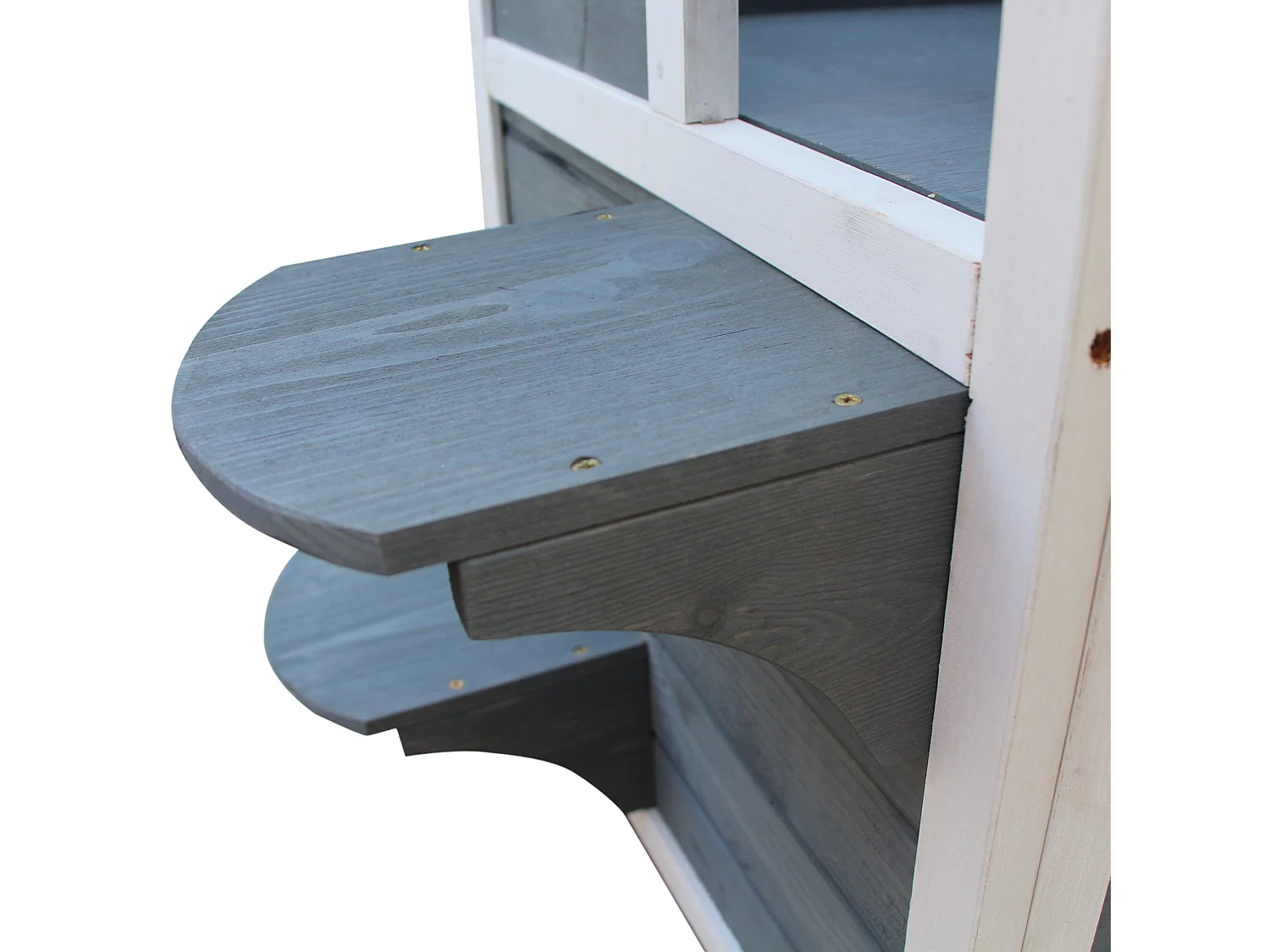 Maisonnette pour chat sur pied 2 niveaux - toit ouvrant bitumé - bois sapin pré-huilé peint gris blanc