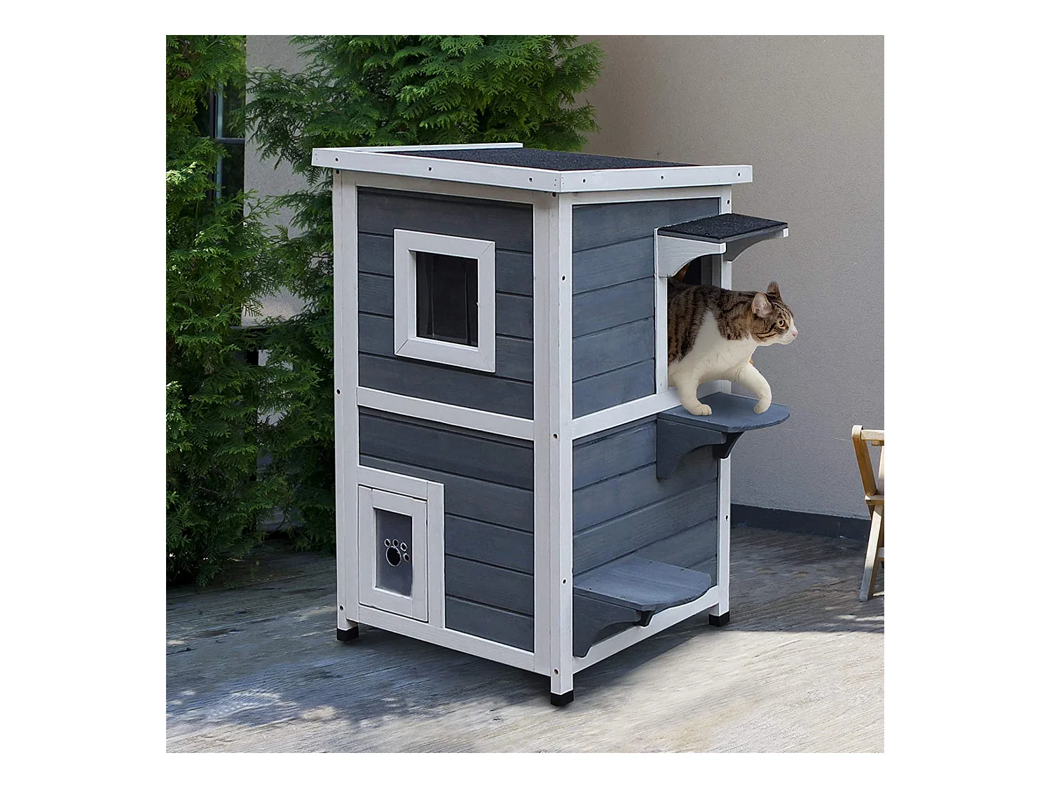 Maisonnette pour chat sur pied 2 niveaux - toit ouvrant bitumé - bois sapin pré-huilé peint gris blanc