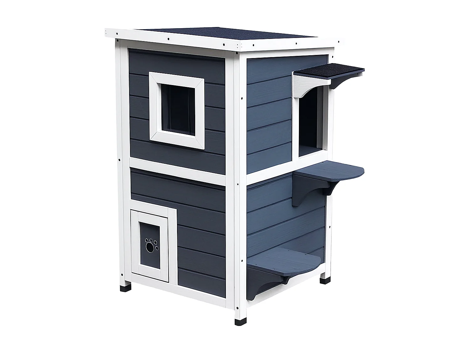 Maisonnette pour chat sur pied 2 niveaux - toit ouvrant bitumé - bois sapin pré-huilé peint gris blanc