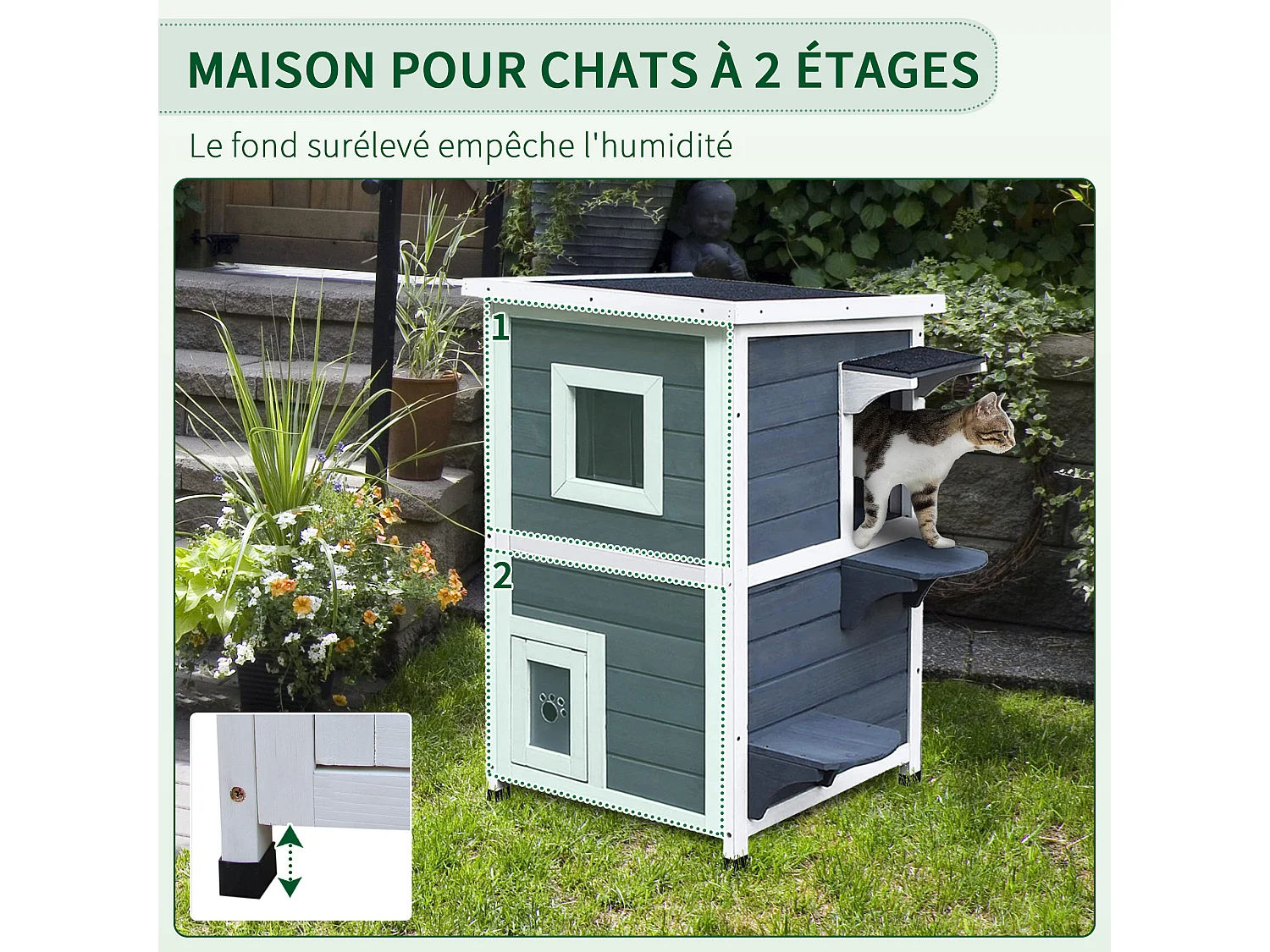 Maisonnette pour chat sur pied 2 niveaux - toit ouvrant bitumé - bois sapin pré-huilé peint gris blanc