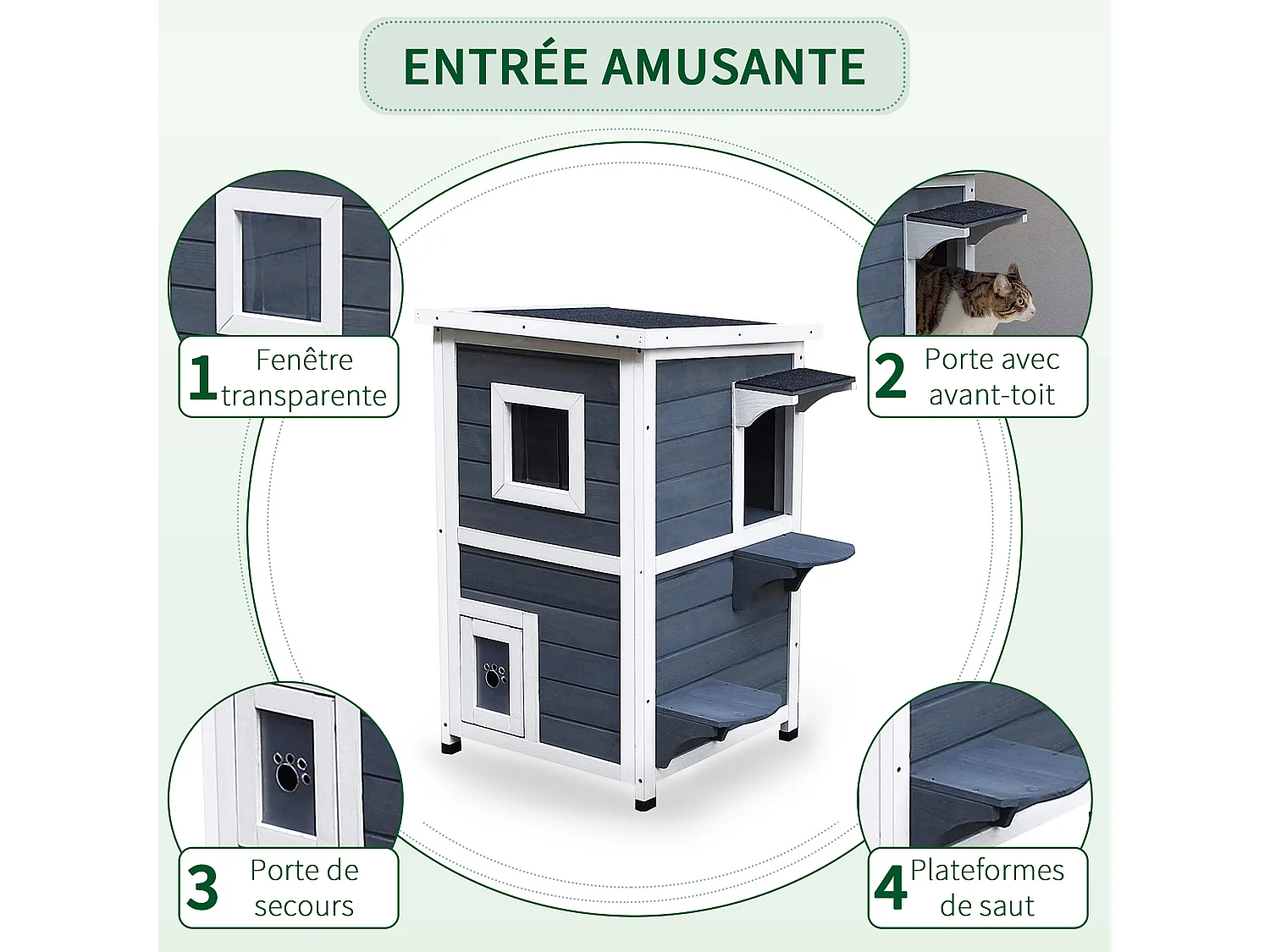 Maisonnette pour chat sur pied 2 niveaux - toit ouvrant bitumé - bois sapin pré-huilé peint gris blanc