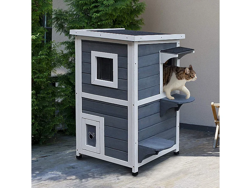 Maisonnette pour chat sur pied 2 niveaux - toit ouvrant bitumé - bois sapin pré-huilé peint gris blanc