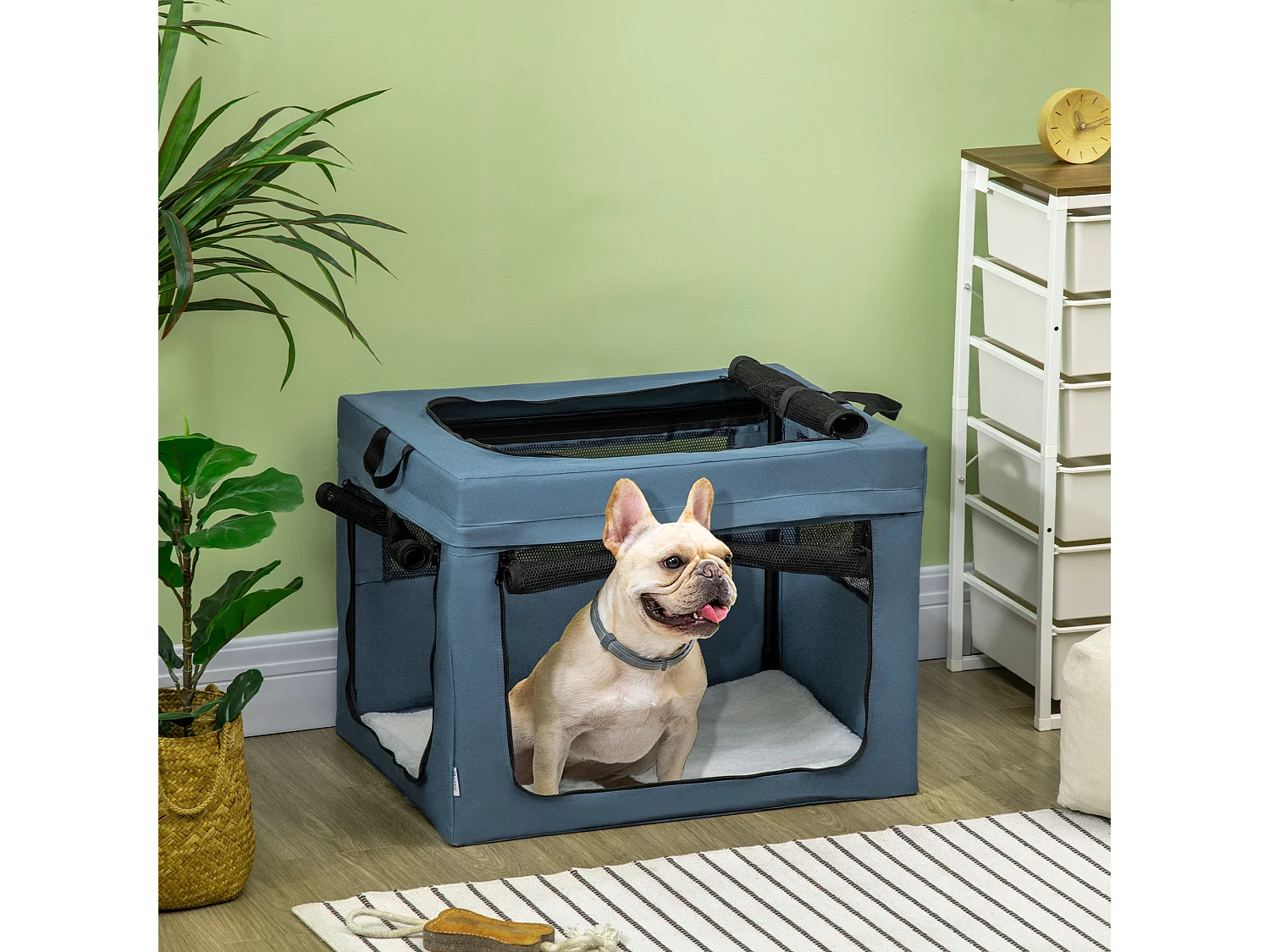 Sac de transport pliable pour chien chat - 2 poignées, 3 portes - dim. 69L x 51l x 51H cm - acier polyester bleu