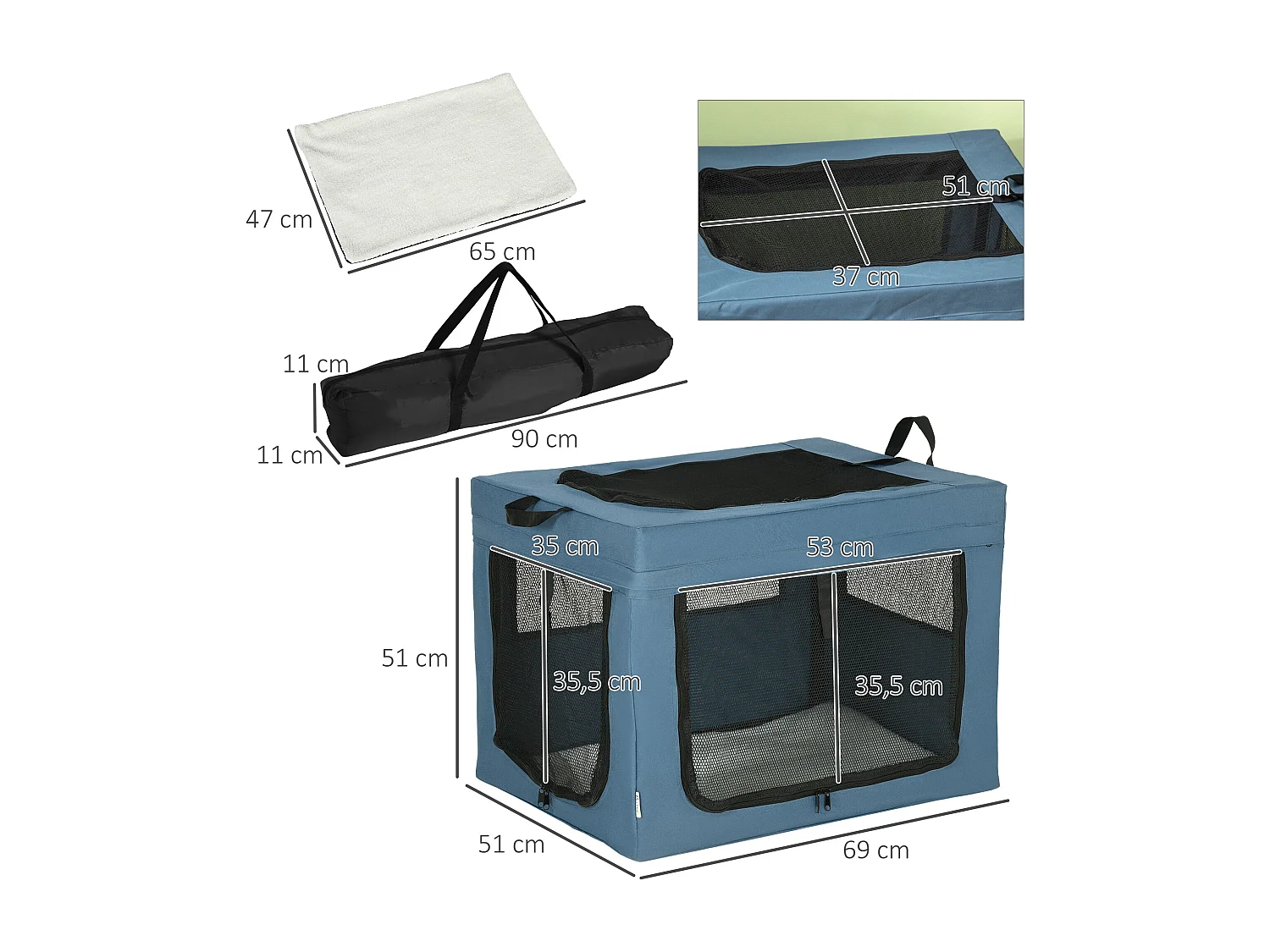 Sac de transport pliable pour chien chat - 2 poignées, 3 portes - dim. 69L x 51l x 51H cm - acier polyester bleu