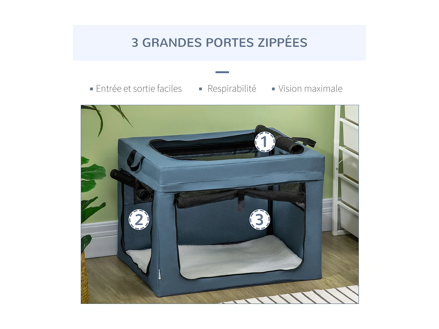 Sac de transport pliable pour chien chat - 2 poignées, 3 portes - dim. 69L x 51l x 51H cm - acier polyester bleu