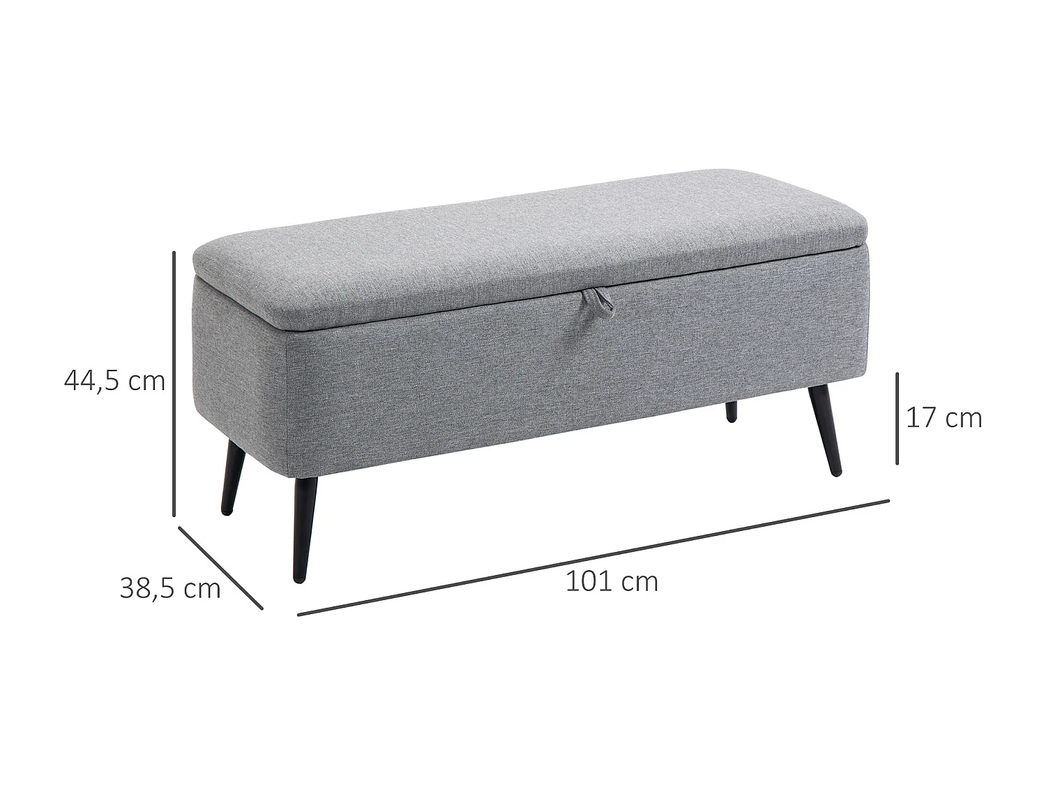 Banc coffre de rangement 2 en 1 dim. 102L x 40l x 39H cm piètement acier noir tissu gris