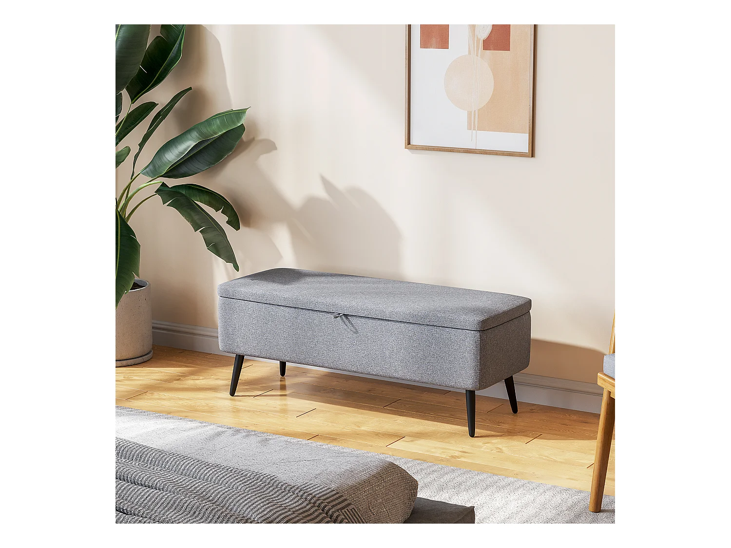Banc coffre de rangement 2 en 1 dim. 102L x 40l x 39H cm piètement acier noir tissu gris
