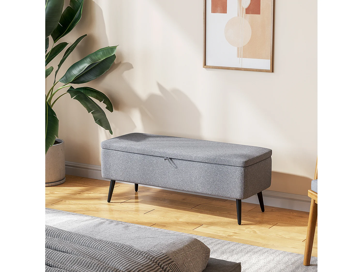 Banc coffre de rangement 2 en 1 dim. 102L x 40l x 39H cm piètement acier noir tissu gris