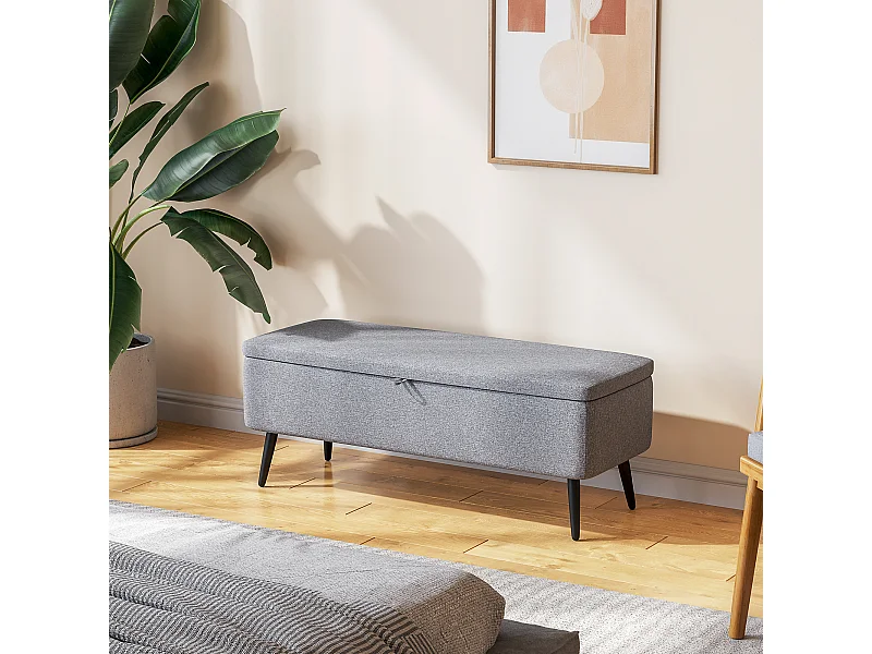 Banc coffre de rangement 2 en 1 dim. 102L x 40l x 39H cm piètement acier noir tissu gris