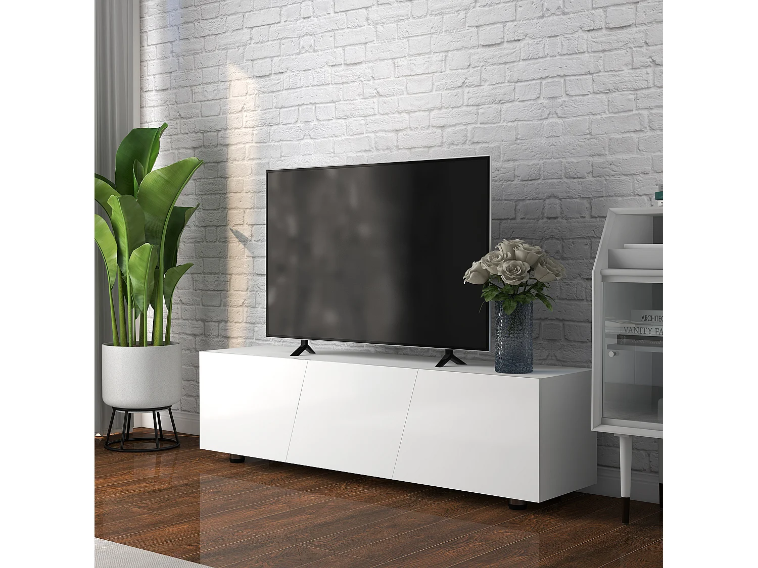 Meuble TV Banc TV style contemporain 3 portes abattantes panneaux blanc laqué