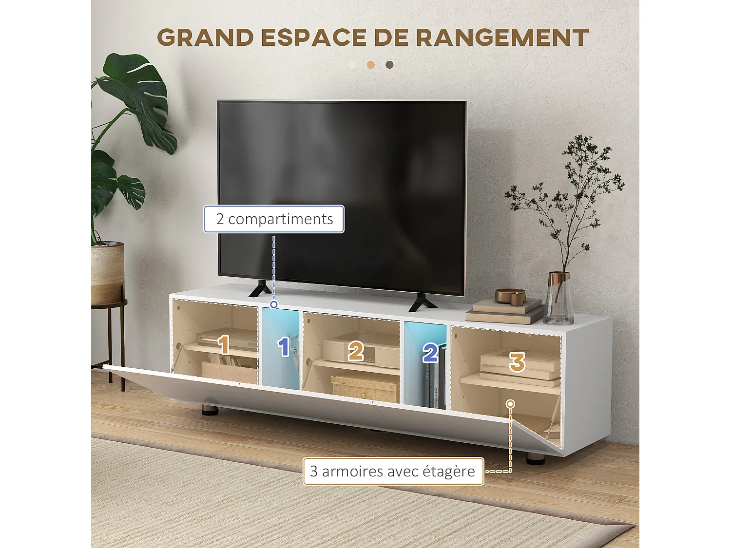 Meuble TV Banc TV style contemporain 3 portes abattantes panneaux blanc laqué