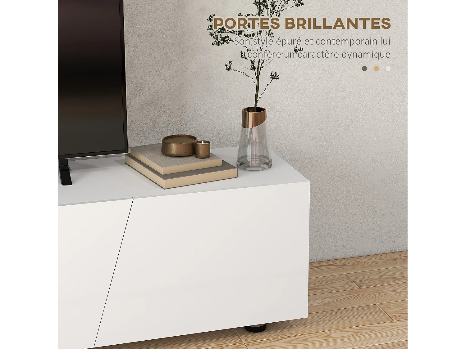 Meuble TV Banc TV style contemporain 3 portes abattantes panneaux blanc laqué