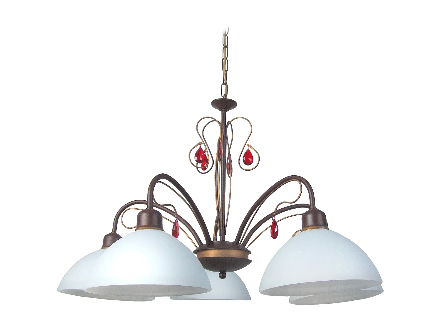 Lustre5 bras métal marron,or verre opal 70 cm.