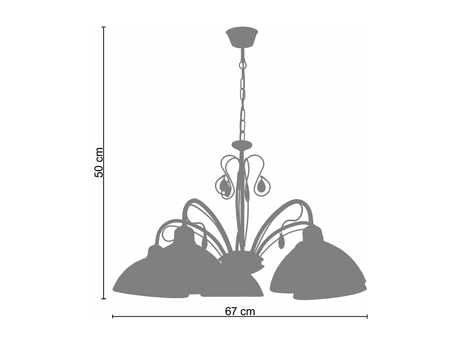 Lustre5 bras métal marron,or verre opal 70 cm.
