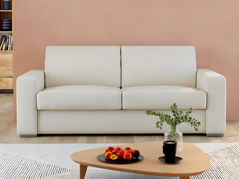 3-sitssoffa med bäddfunktion express 100% vitt buffellädersäng madrass 16 cm. DELECTEA II